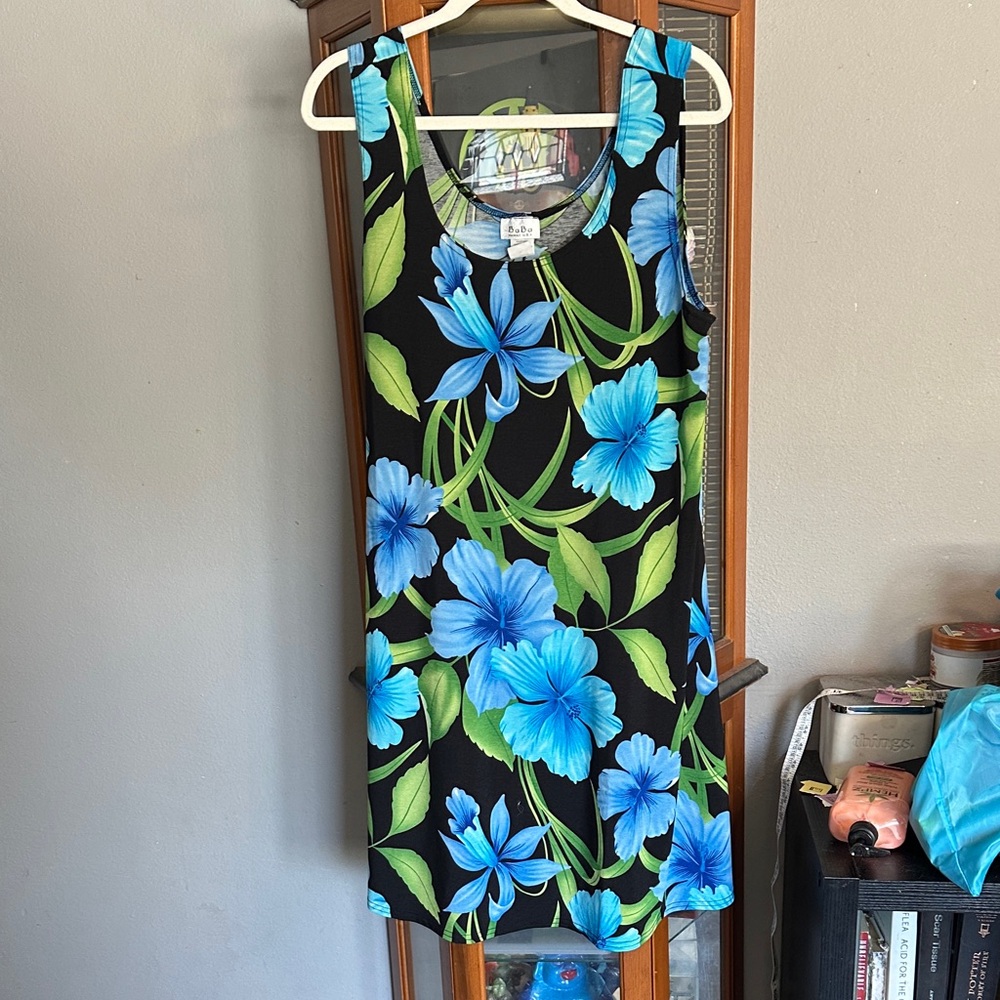 Sleeveless Black Hawaiian Mini Dress with Blue Floral Print